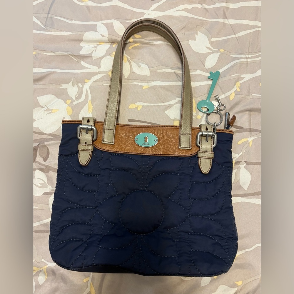 Fossil KeyPer Navy and Tan Tote Bag